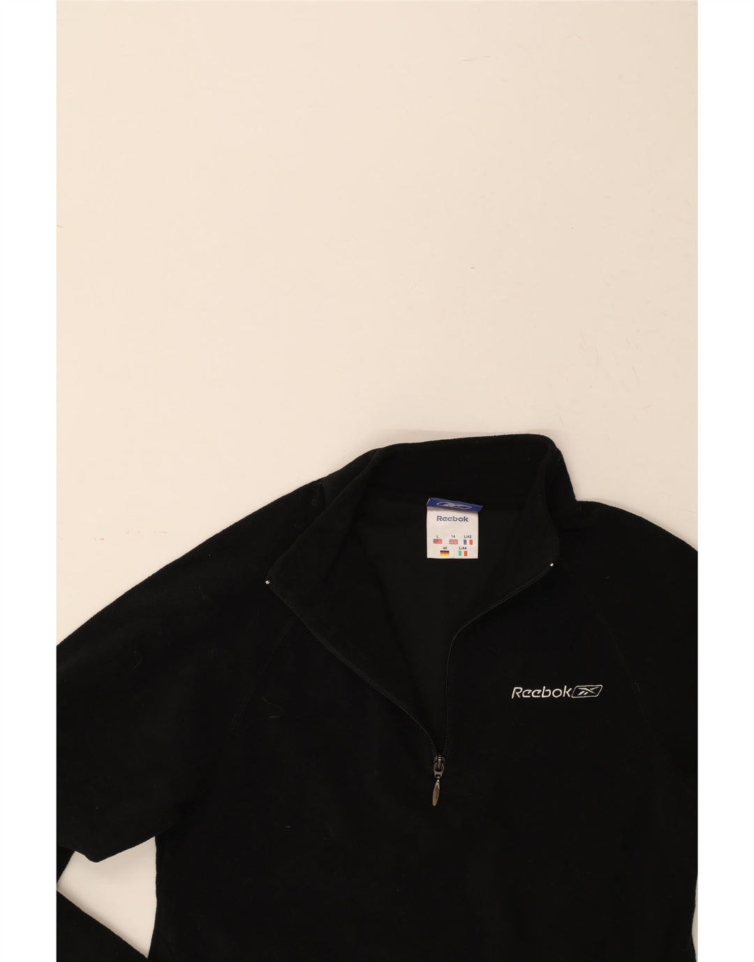 REEBOK Womens Zip Neck Fleece Jumper UK 14 Large Black Polyester Vintage Reebok and Second-Hand Reebok from Messina Hembry 