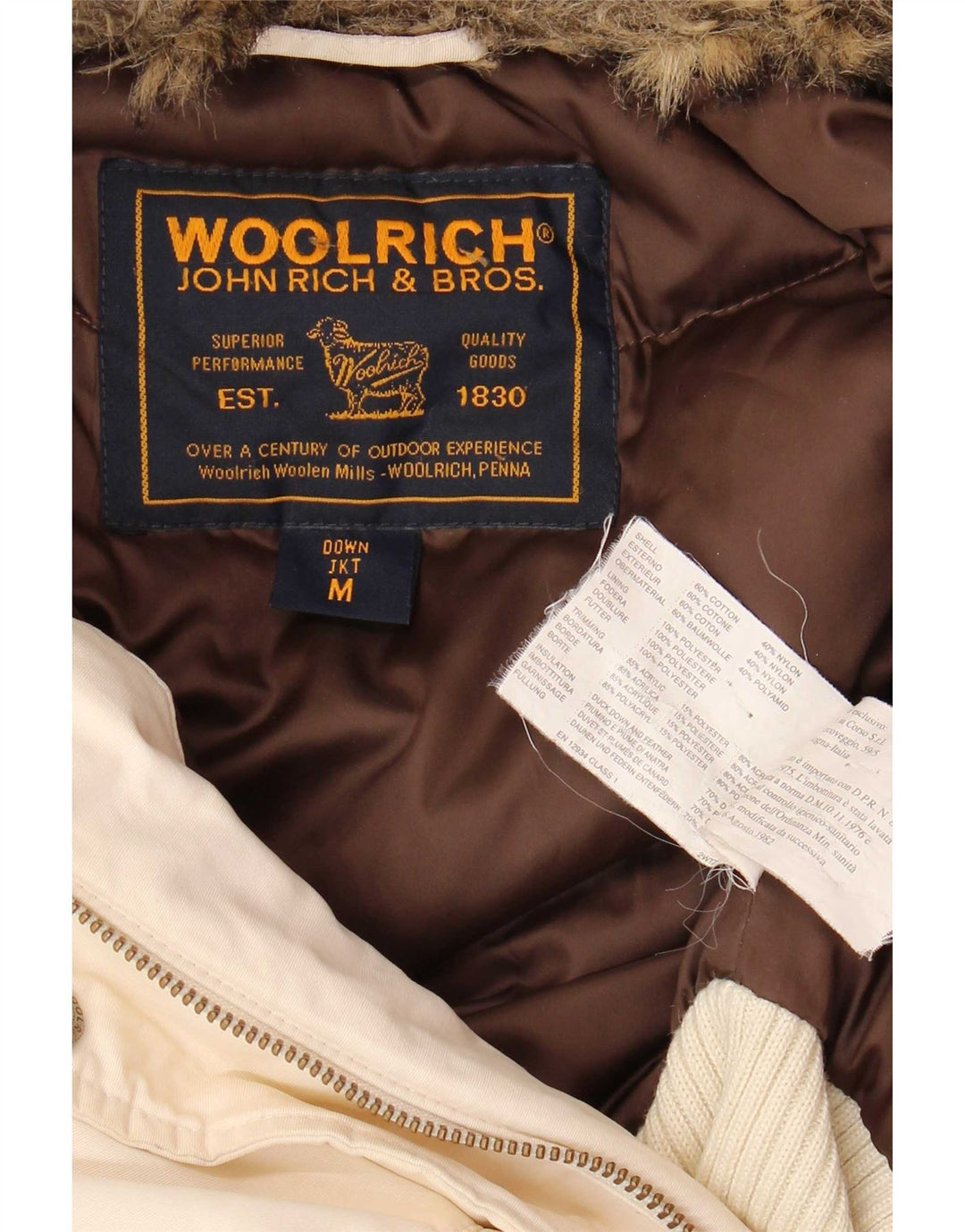 Damska ocieplana kurtka z kapturem Woolrich UK 14, średnia biała bawełna