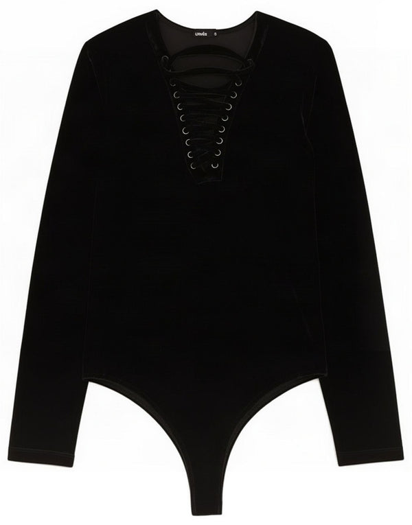 Vintage damskie aksamitne body z długim rękawem UK 10 Small Black Polyester
