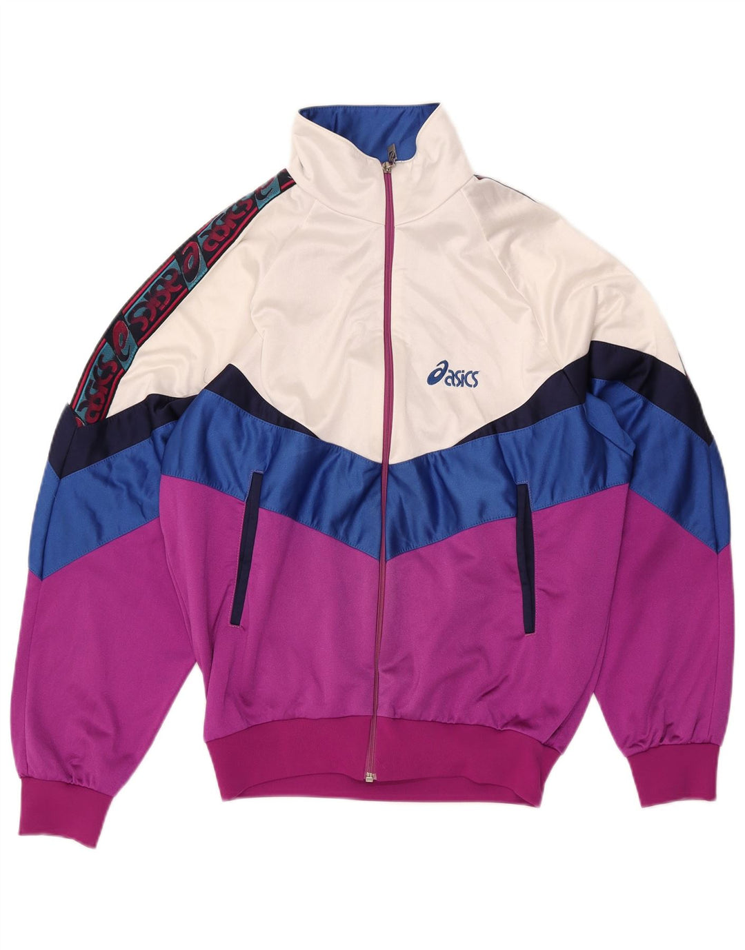 Męski pełny dres Asics z grafiką, mały, różowy, z blokami kolorów, poliamid, retro