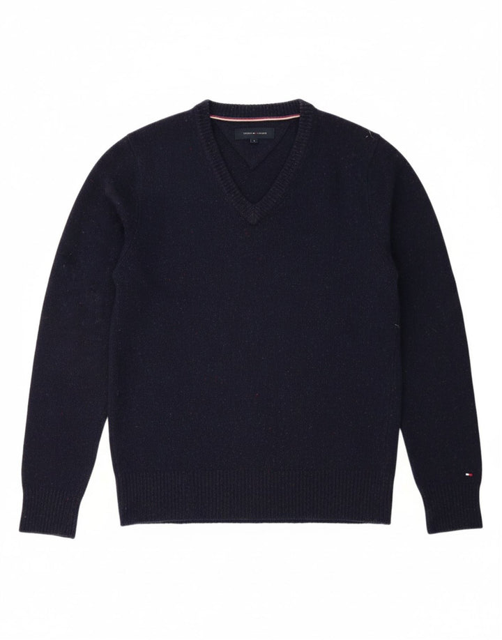 TOMMY HILFIGER Mens V-Neck Jumper Sweater Large Navy Blue Lambswool