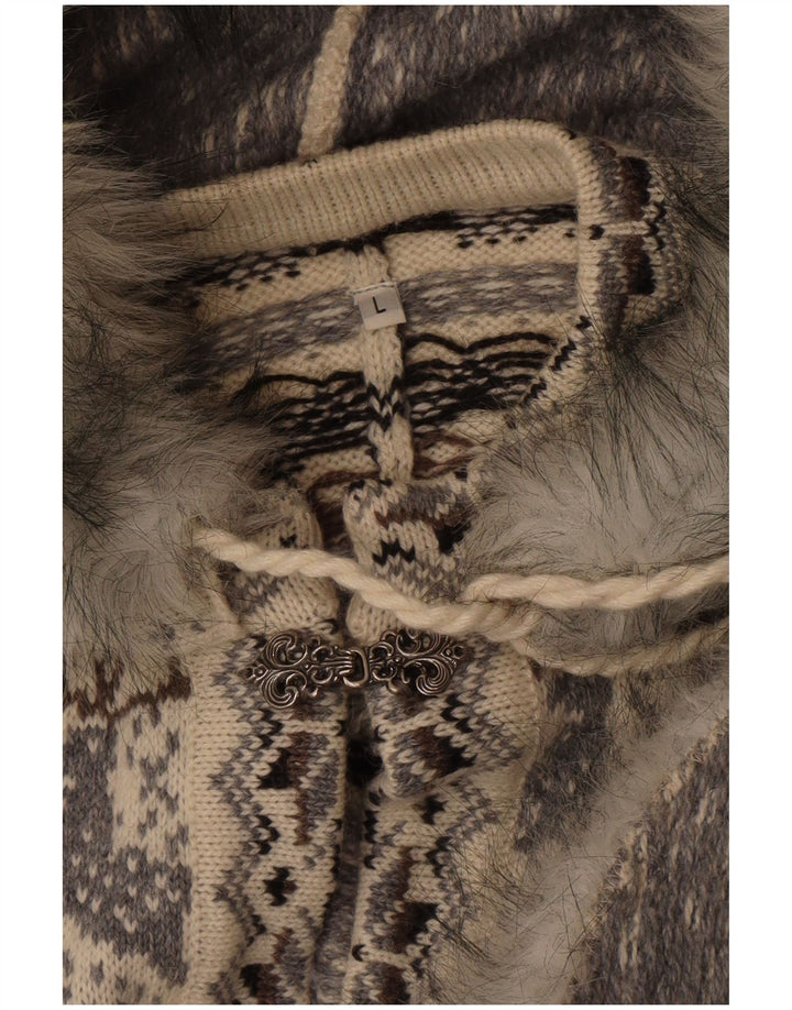 Vintage damski płaszcz ponczo z kapturem, z kapturem UK 16, duży, szary Fair Isle