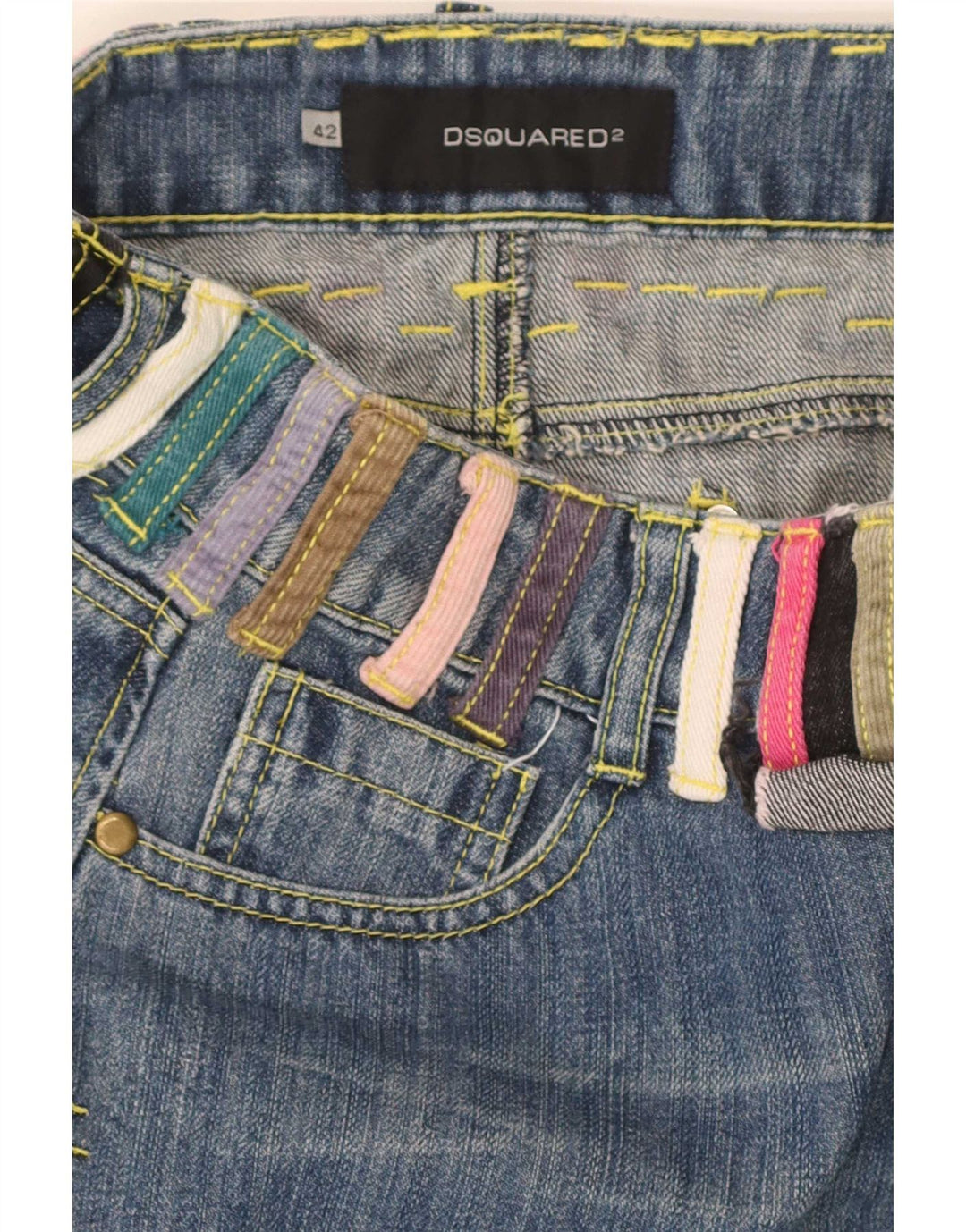 Dsquared2 Damska mini spódniczka dżinsowa IT 42 Medium W30 Niebieska bawełna z blokami kolorów