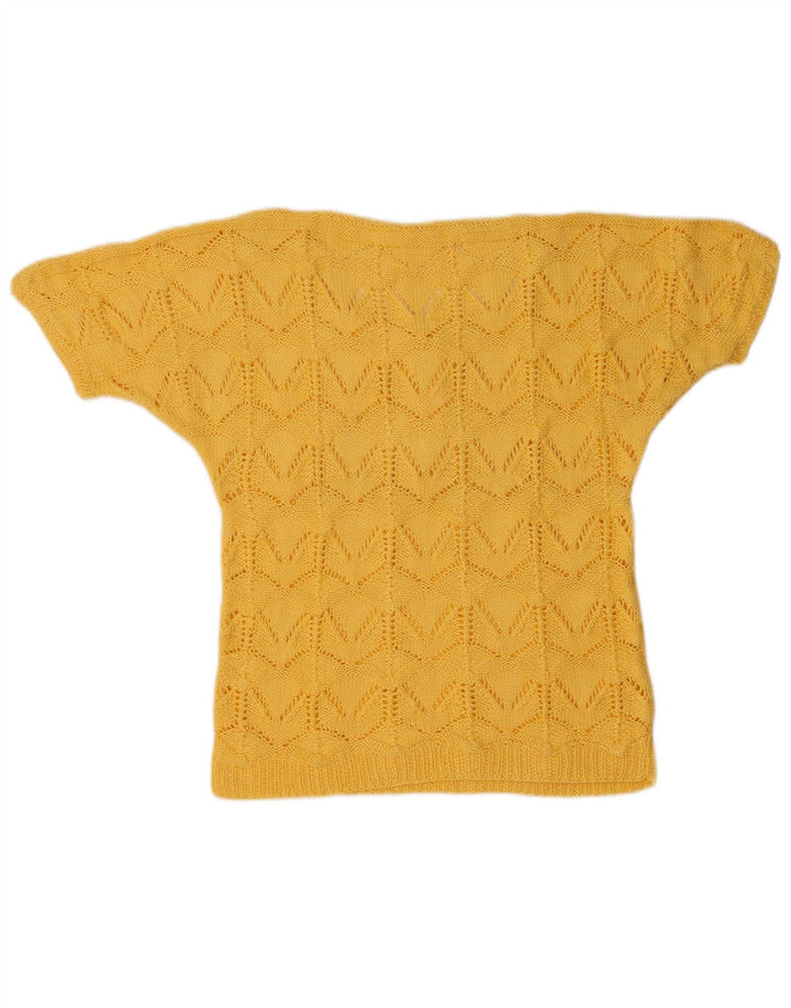 Sweter damski z krótkim rękawem i dekoltem w stylu vintage, UK 14, średni żółty