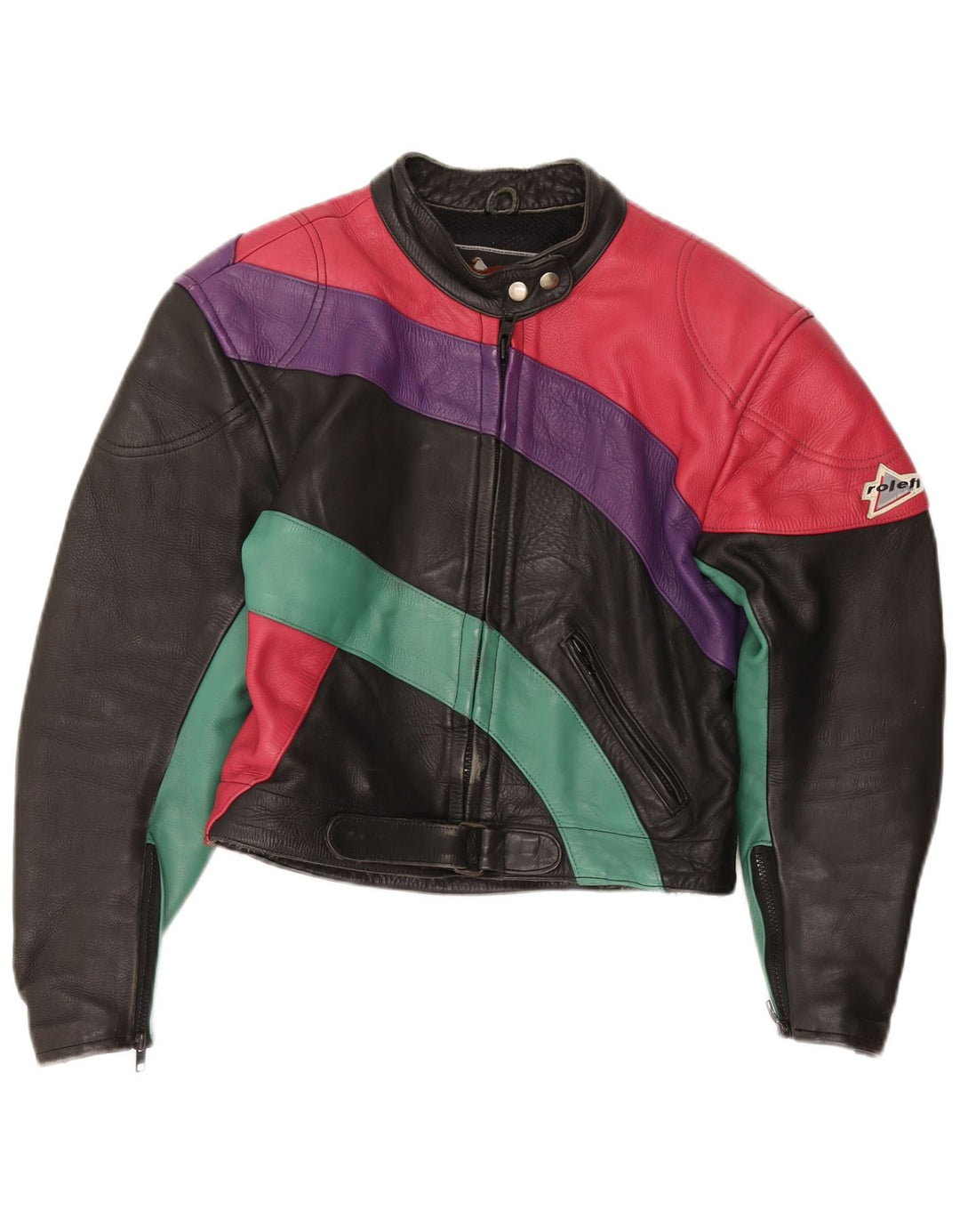 Damska krótka kurtka ROLEFF UK 14, duży, czarny, skórzany motocykl z blokami kolorów