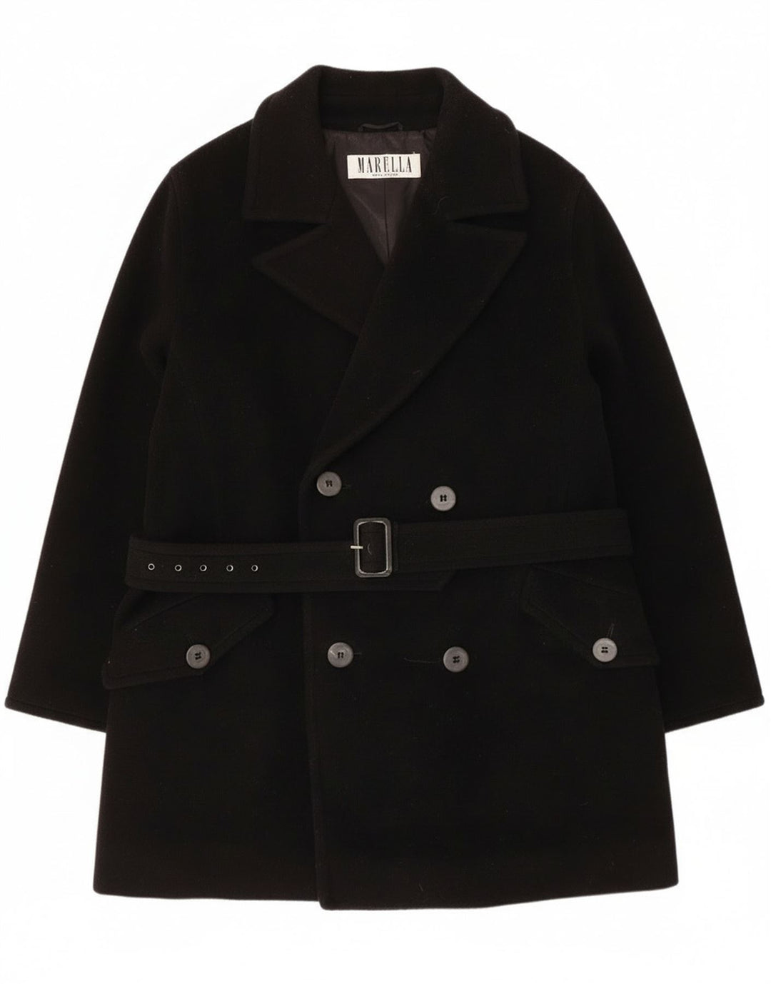 Damski płaszcz dwurzędowy Marella UK 14, średnia czarna dziewicza wełna