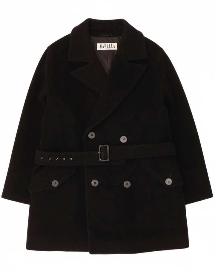 Damski płaszcz dwurzędowy Marella UK 14, średnia czarna dziewicza wełna