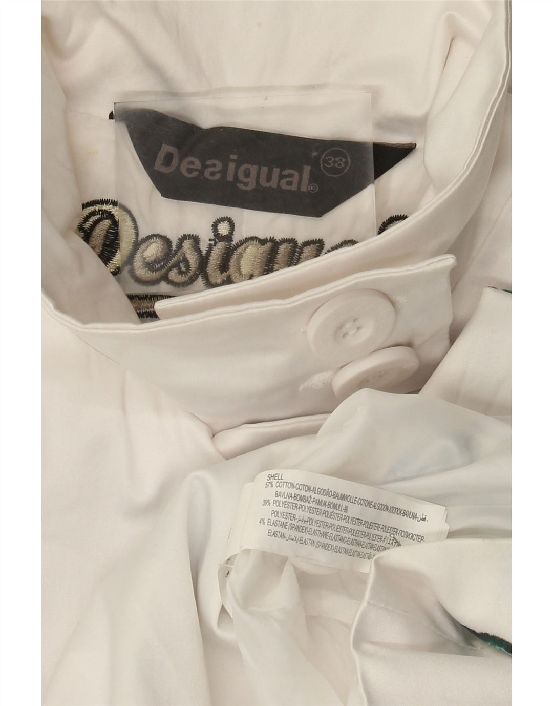 Desigual damski płaszcz EU 38, średniej wielkości, biały, bawełniany w kwiaty