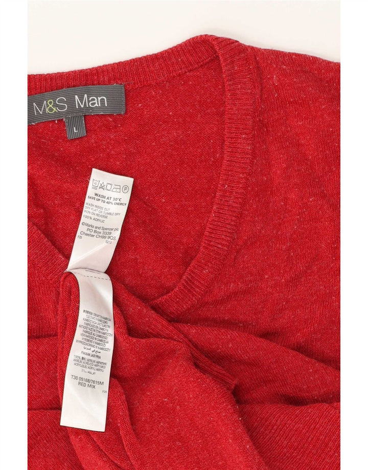 Marks & Spencer Męski sweter z dekoltem w kształcie litery V, duży, czerwony, akrylowy