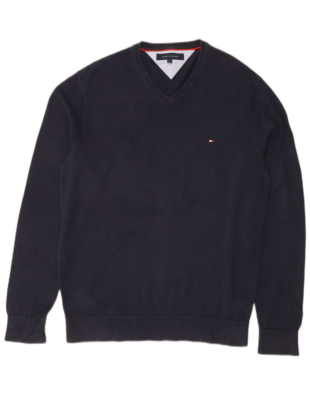 Męski sweter Tommy Hilfiger o regularnym kroju z dekoltem w kształcie litery V, duży, granatowy