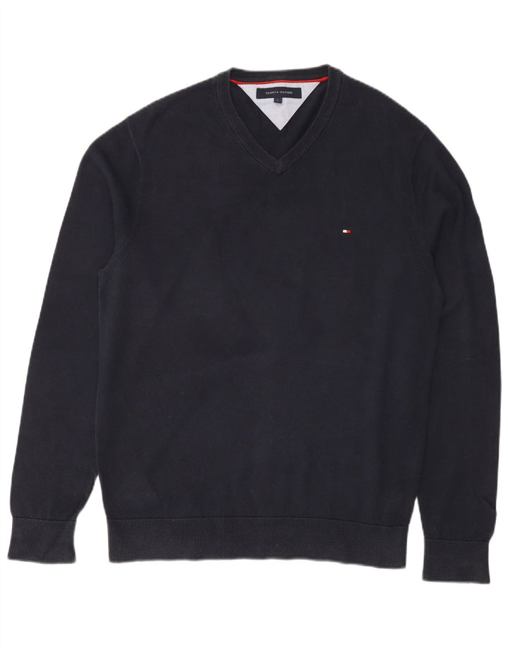 Męski sweter Tommy Hilfiger o regularnym kroju z dekoltem w kształcie litery V, duży, granatowy