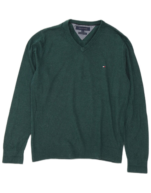 Męski sweter Tommy Hilfiger z dekoltem w kształcie litery V, średnio zielony, bawełniany