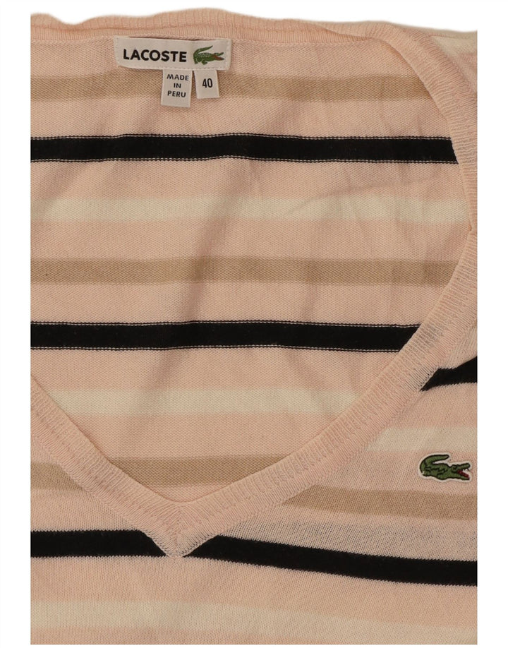 Damski sweter Lacoste z dekoltem w kształcie litery V, rozmiar 40, średnie różowe paski