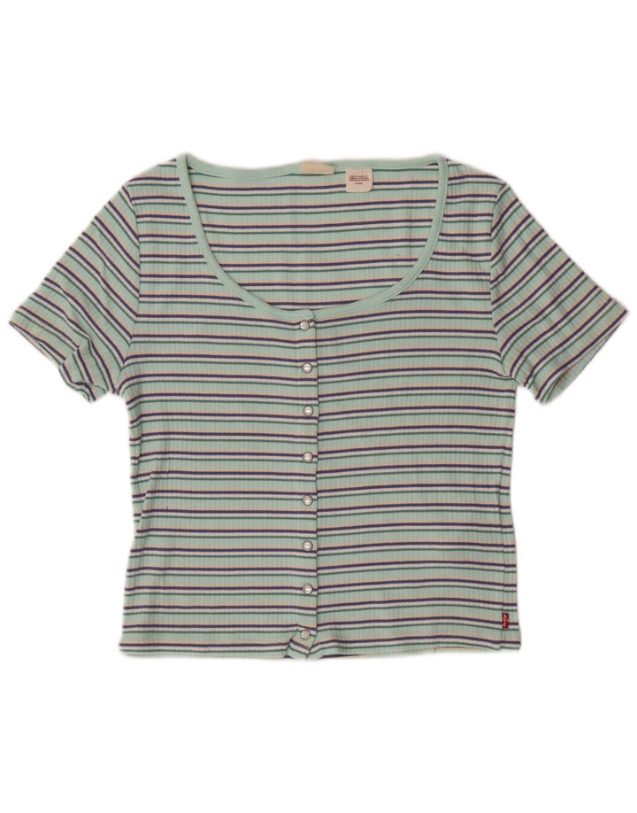 LEVI'S Womens Crop Short Sleeve Blouse Top UK 12 Medium Green Striped
