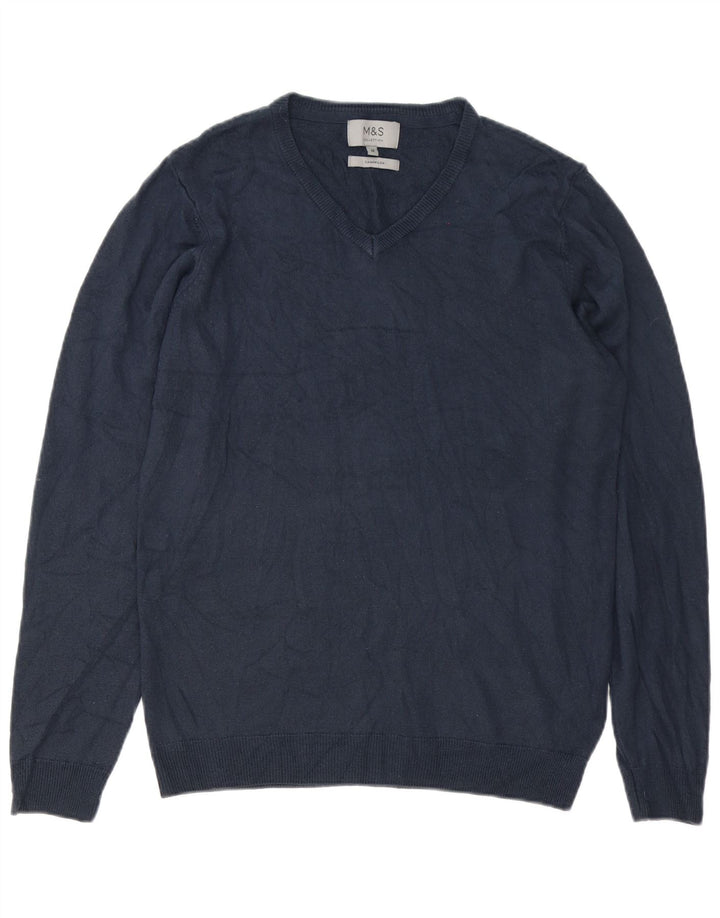 Marks & Spencer Męski sweter z dekoltem w kształcie litery V, średni granatowy, kaszmirowy