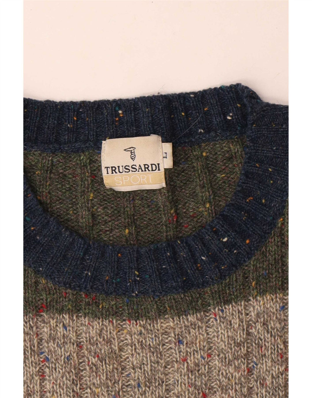 Męski sweter z wycięciem pod szyją Trussardi, duży, wielobarwny, wełniany w paski