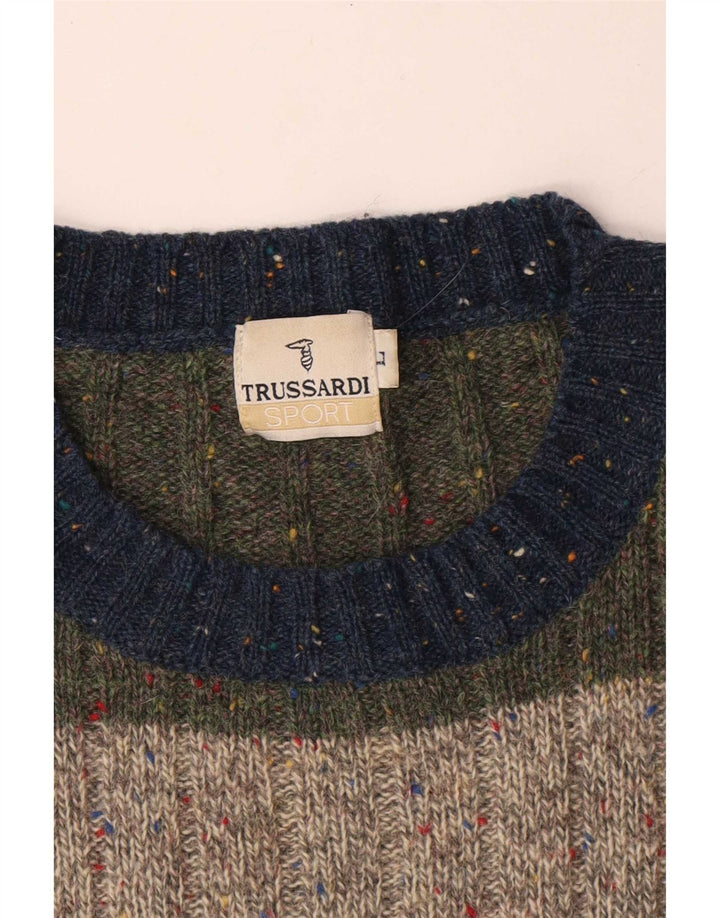 Męski sweter z wycięciem pod szyją Trussardi, duży, wielobarwny, wełniany w paski