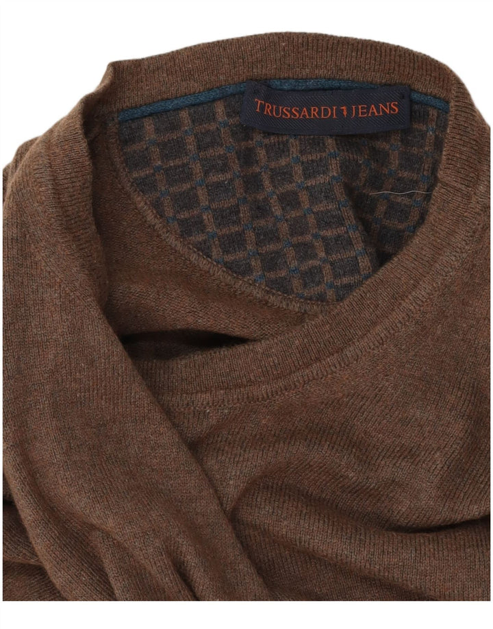 Męski sweter z okrągłym dekoltem Trussardi Jeans, średni brąz