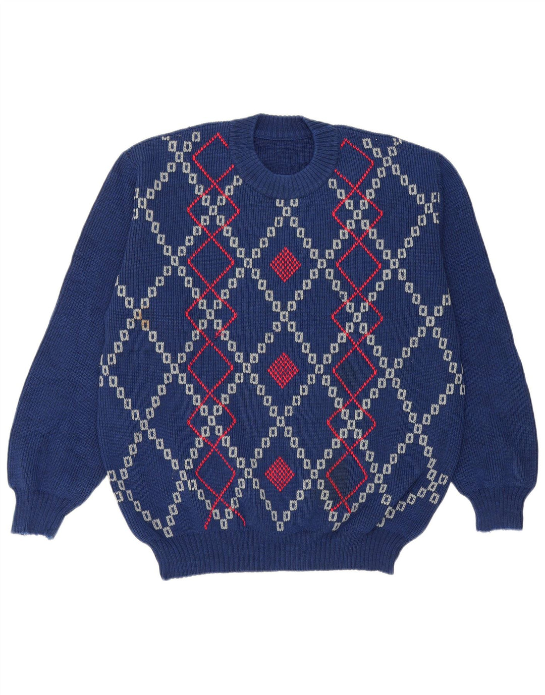 Vintage męski sweter z wycięciem pod szyją, duży niebieski Argyle/diament