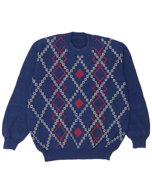 Vintage męski sweter z wycięciem pod szyją, duży niebieski Argyle/diament