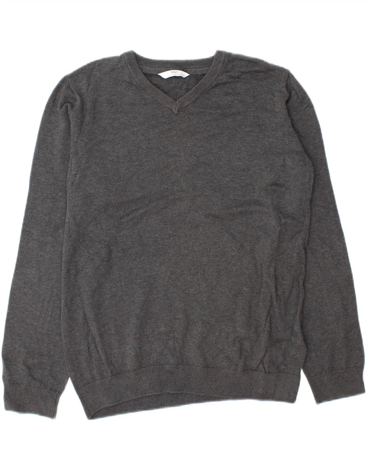 MARKS & SPENCER Boys V-Neck Jumper Sweater 14-15 Years Grey Cotton Vintage Marks & Spencer and Second-Hand Marks & Spencer from Messina Hembry 