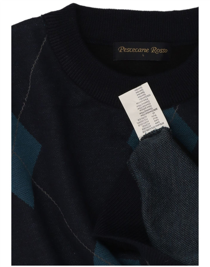 Vintage męski sweter z okrągłym dekoltem, duży granatowy, argyle/diamentowa wełna