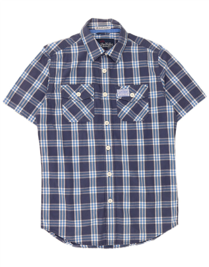 SUPERDRY Męska koszula z krótkim rękawem, mała, granatowa, bawełniana w kratkę