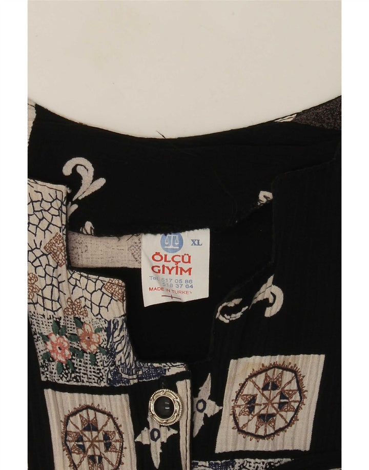 Vintage damska sukienka o linii A z długim rękawem UK 18 XL, czarna patchworkowa