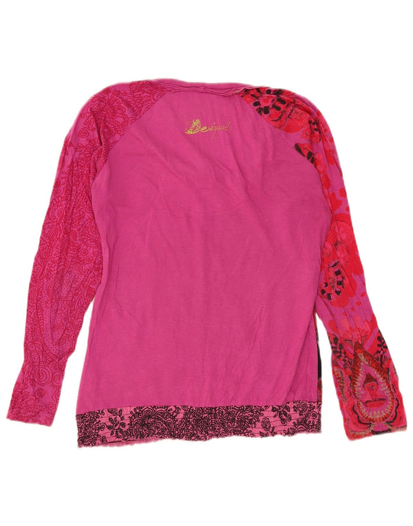 Desigual damski top graficzny z długim rękawem, UK 14, średni różowy, bawełniany w kwiaty