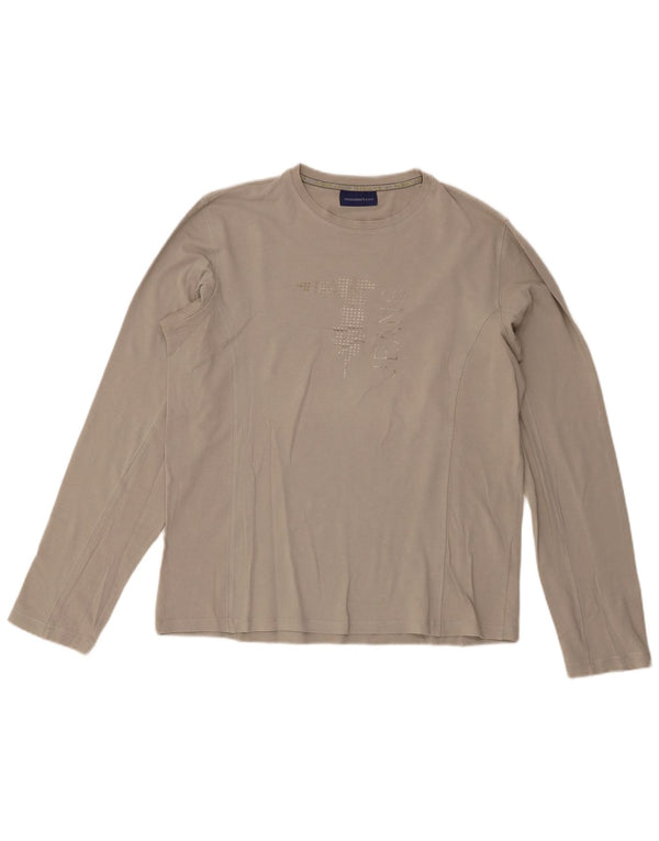 Trussardi Jeans Womens Graphic Top Long Sleeve UK 14 Medium Grey Cotton