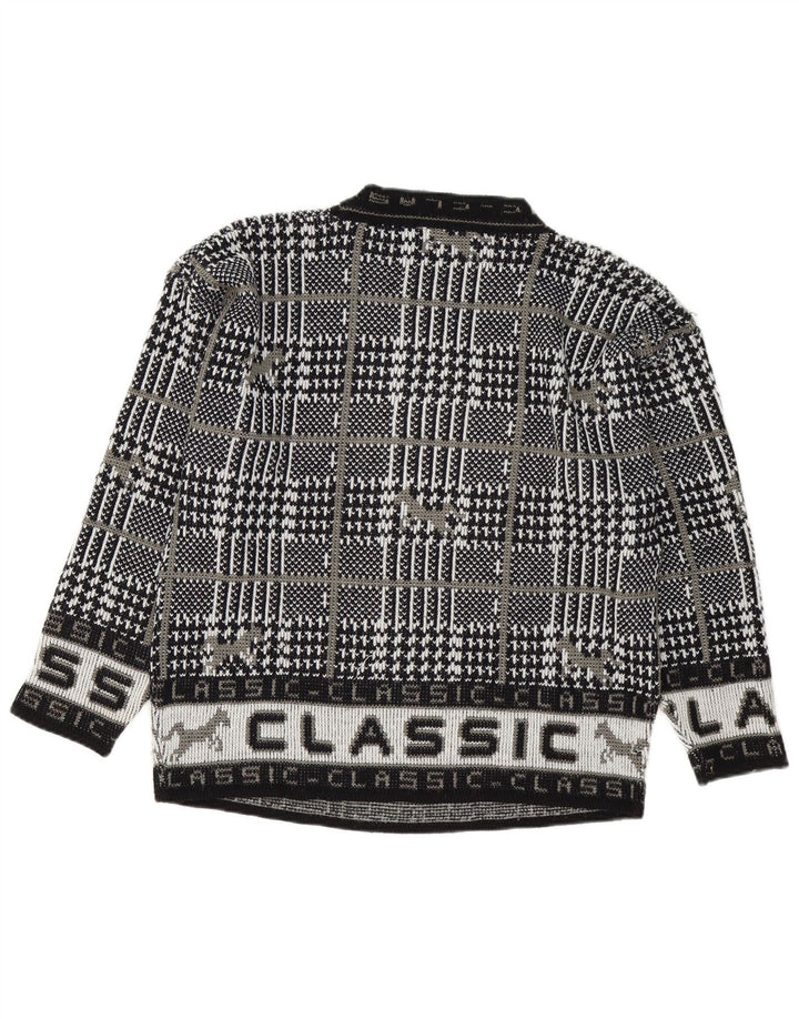 Męski sweter w stylu vintage z graficznym wycięciem pod szyją, dużą czarną kratką