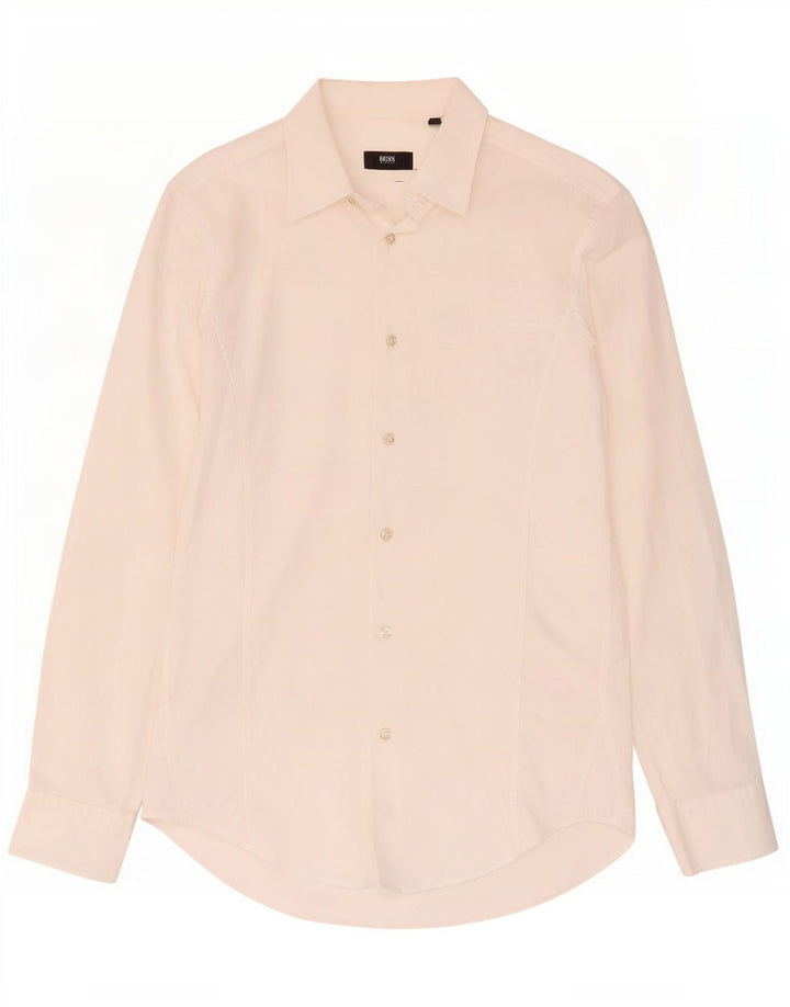 Męska koszula Hugo Boss ze stretchem, slim fit, rozmiar 38 15, średnia biała bawełna