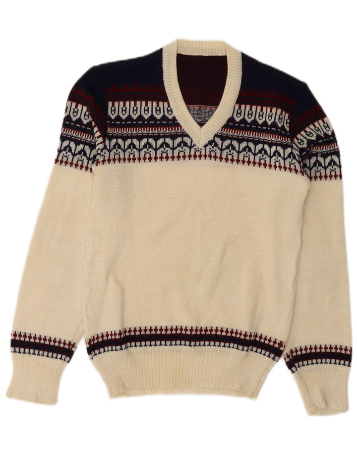 Vintage męski sweter z dekoltem w serek XS Off White Fair Isle