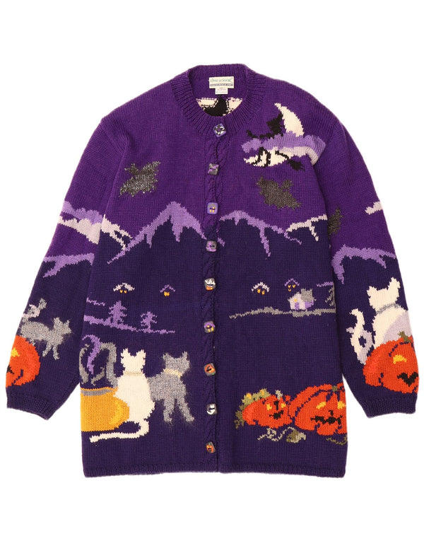 Damski sweter rozpinany VINTAGE Graphic UK 20 2XL Fioletowa wełna z blokami kolorów