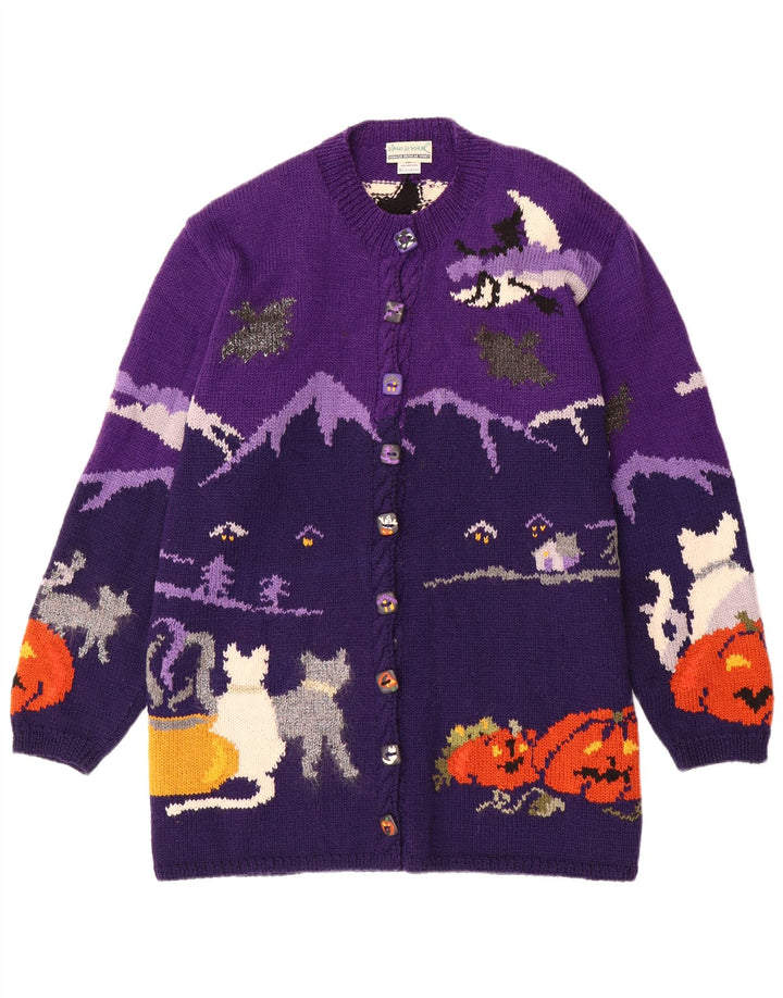 Damski sweter rozpinany VINTAGE Graphic UK 20 2XL Fioletowa wełna z blokami kolorów