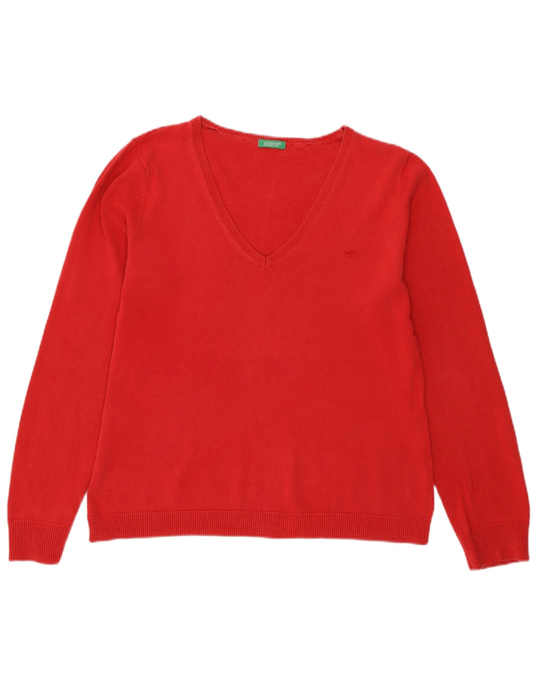 Sweter damski Benetton z dekoltem w kształcie litery V, UK 12, średni czerwony