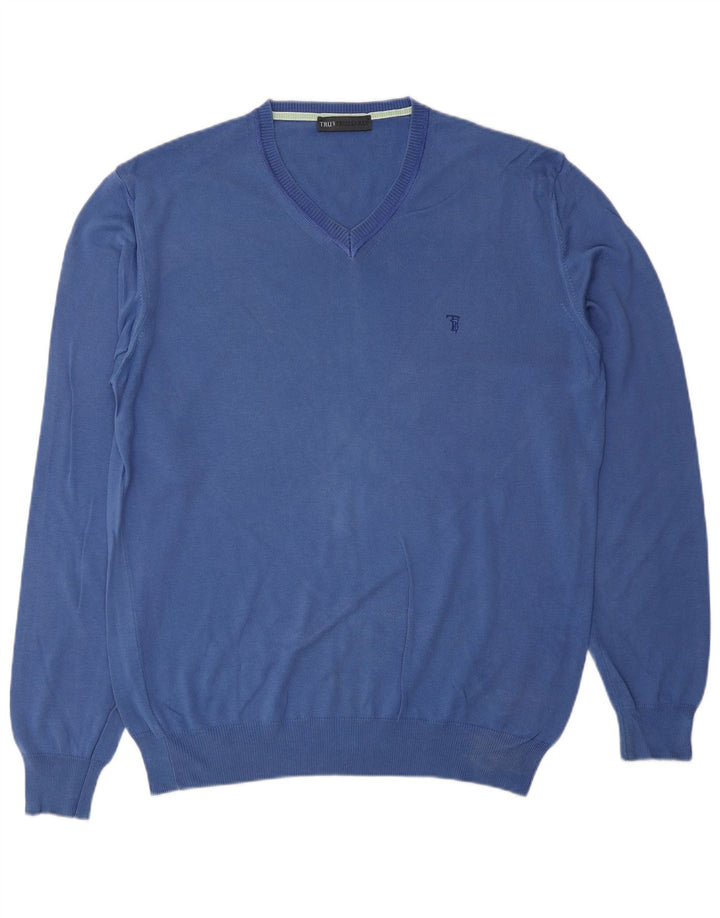 Męski sweter TRUSSARDI z dekoltem w kształcie litery V, duży, niebieski, bawełniany