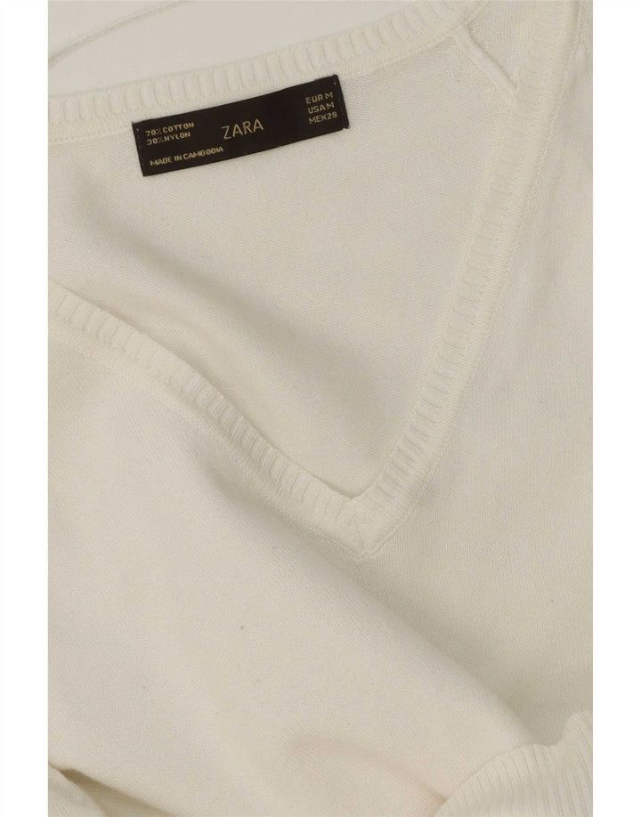 Sweter damski Zara z dekoltem w kształcie litery V, UK 12, średni biały bawełniany