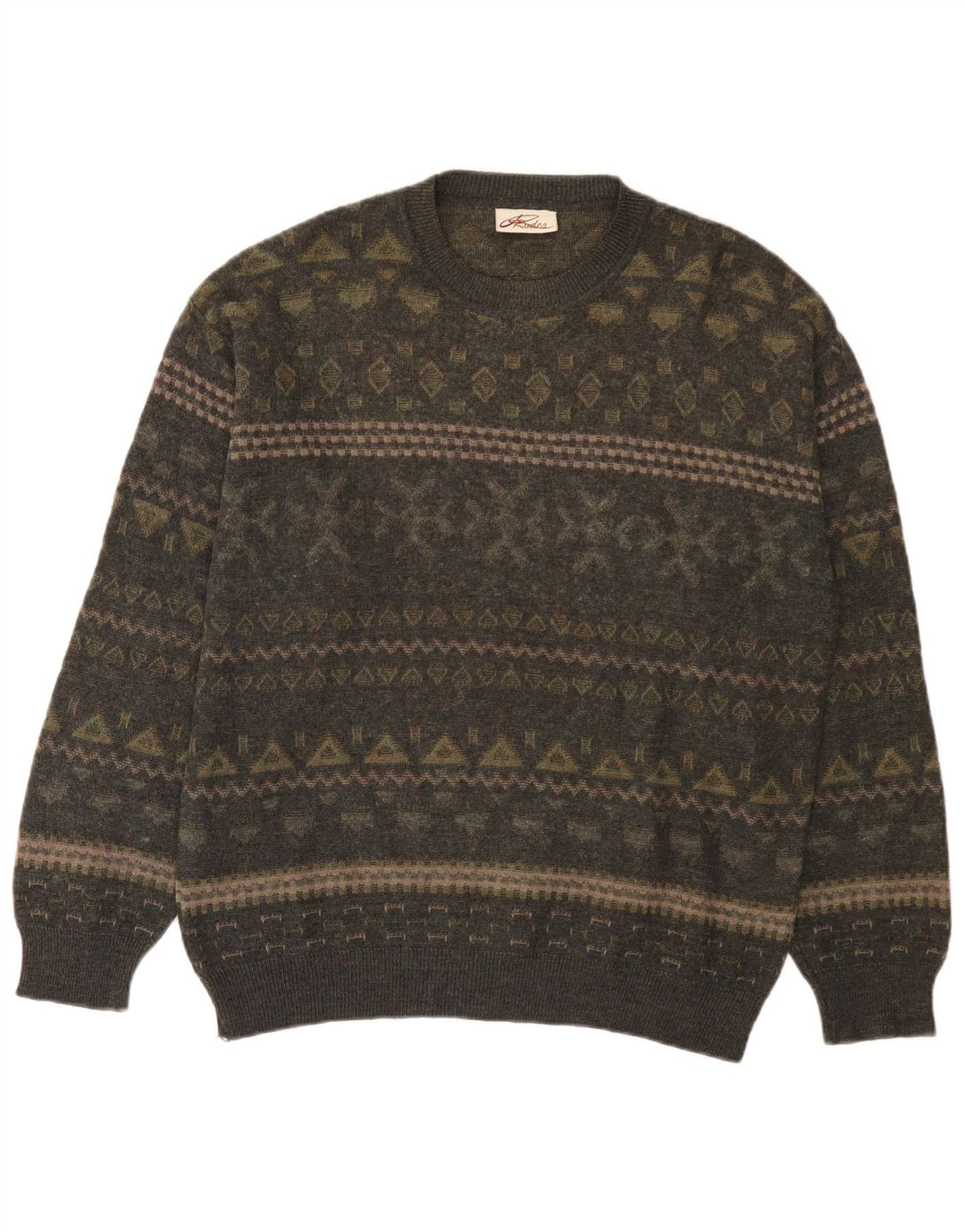 Męski sweter Rodes z okrągłym dekoltem, średni khaki, wełna Fair Isle