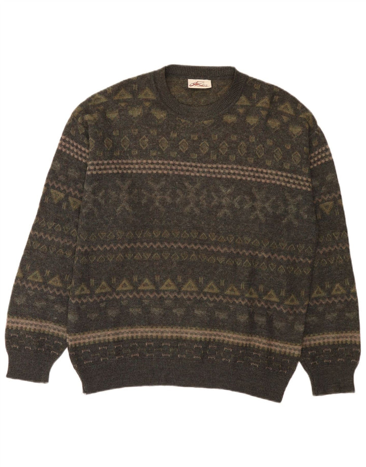 Męski sweter Rodes z okrągłym dekoltem, średni khaki, wełna Fair Isle