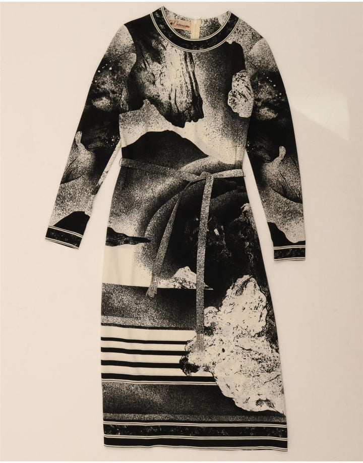 Antonette damska sukienka maxi z długim rękawem w abstrakcyjny wzór UK 10 mała czarna