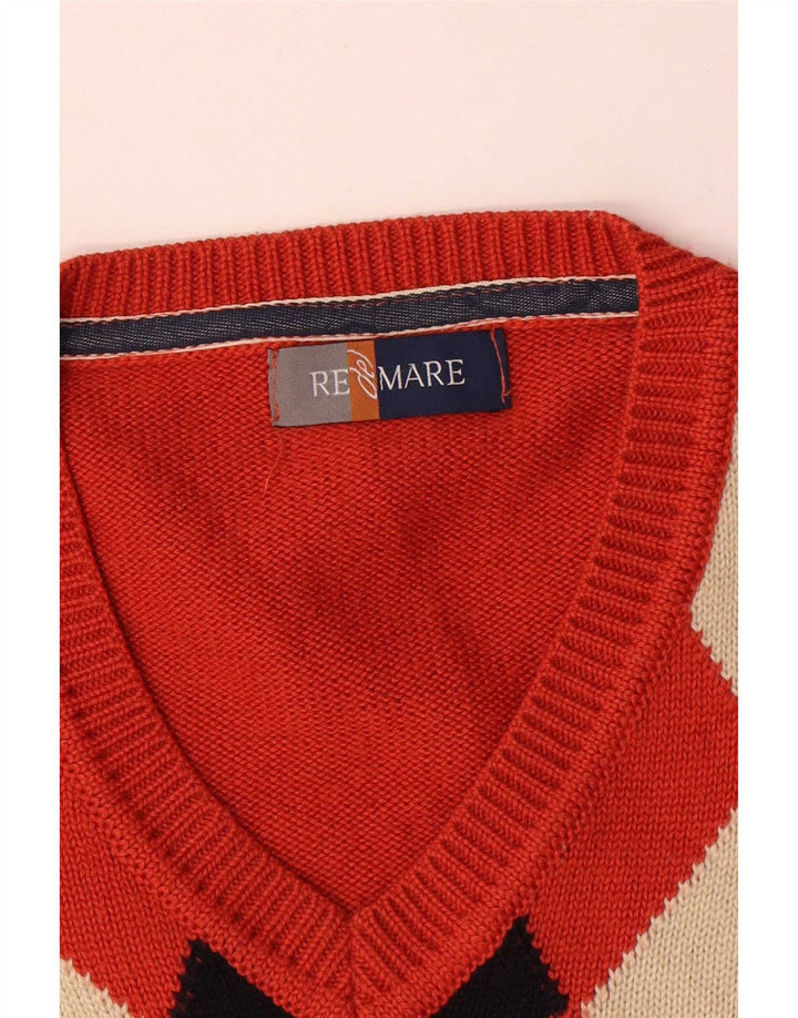 Męski sweter z dekoltem w kształcie litery V, Re Del Mare, średni pomarańczowy Argyle/diamentowa wełna
