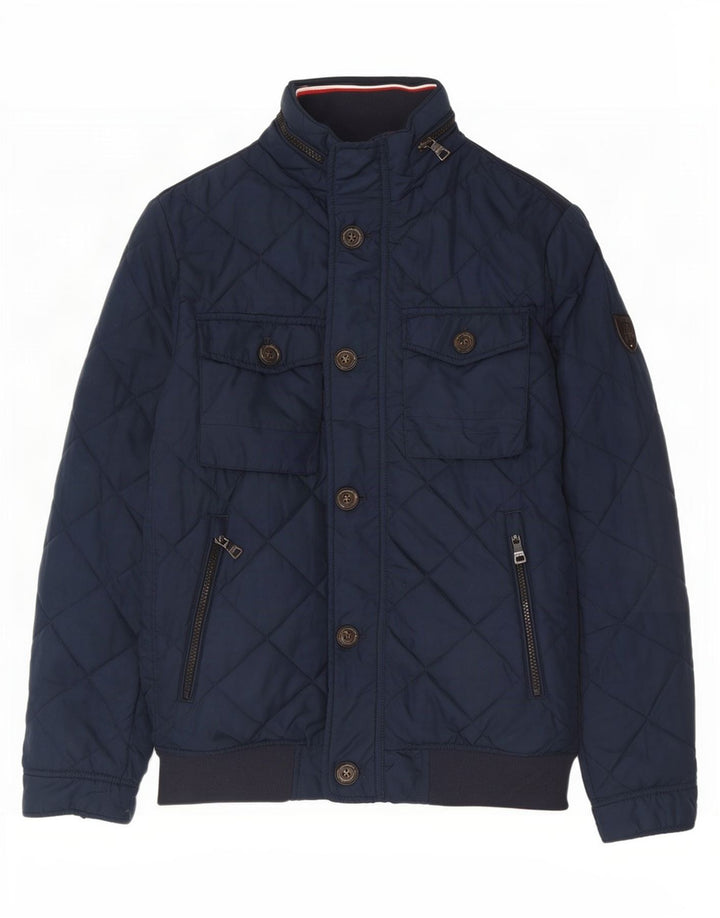 Męska pikowana kurtka z kapturem Tommy Hilfiger UK 36, mała, granatowa, poliester
