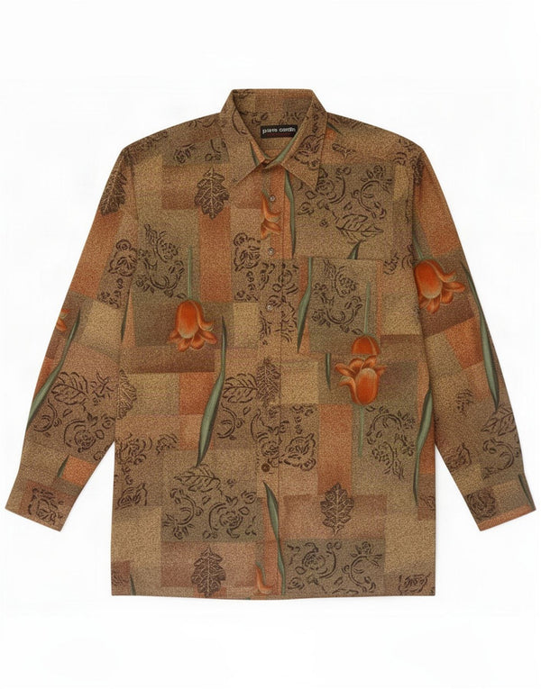 Pierre Cardin Mens Shirt Medium Brown Floral Cotton