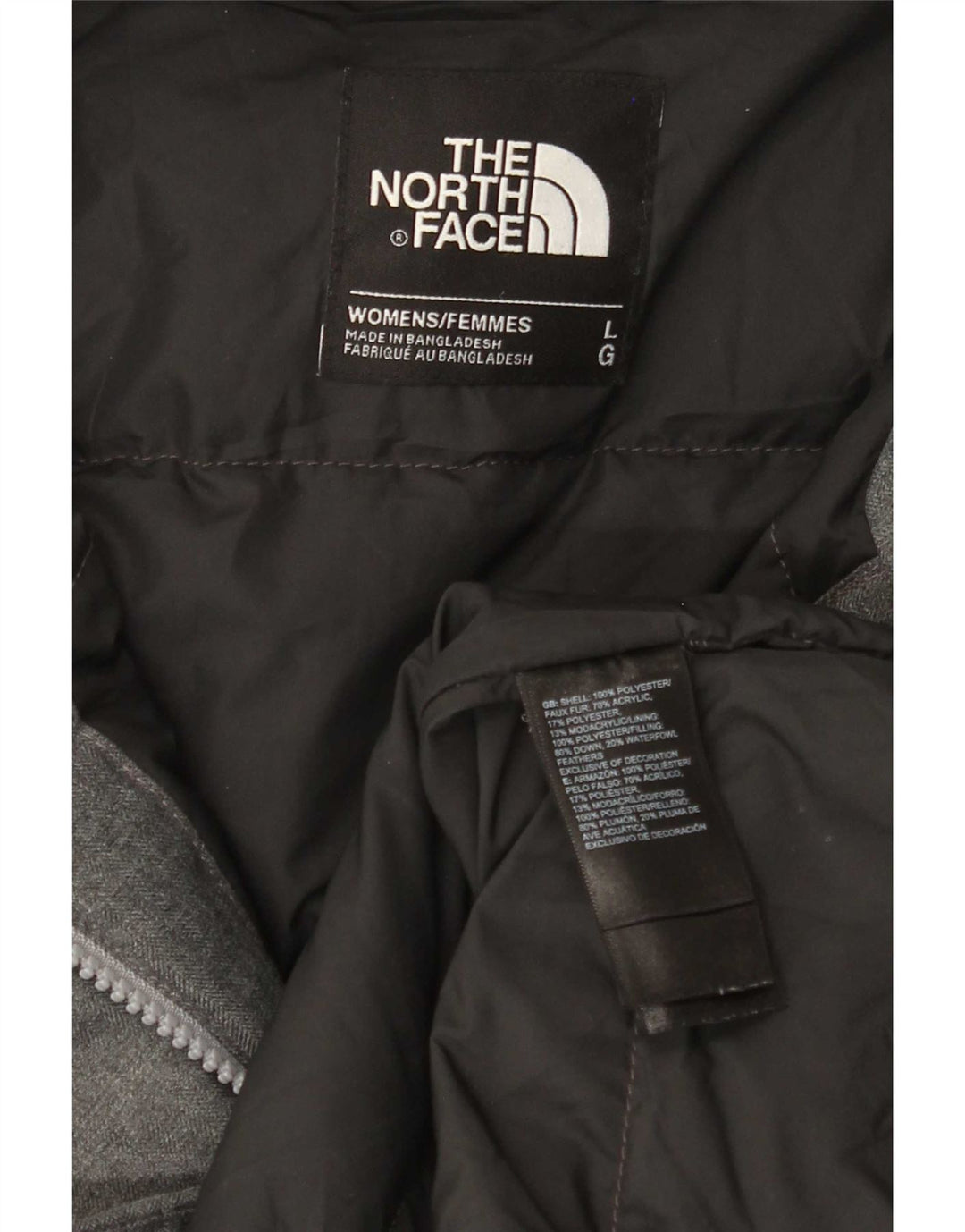 Damski ocieplany płaszcz z kapturem The North Face UK 16, duży, szary, poliestrowy