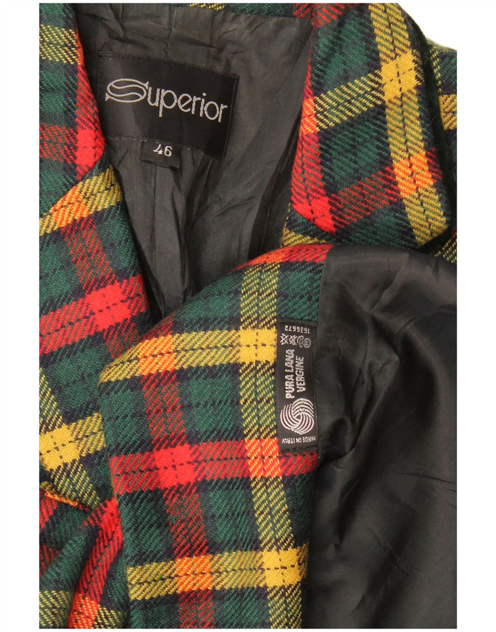 Doskonała damska marynarka zapinana na 3 guziki IT 46, duża, zielona, dziewicza wełna w kratkę