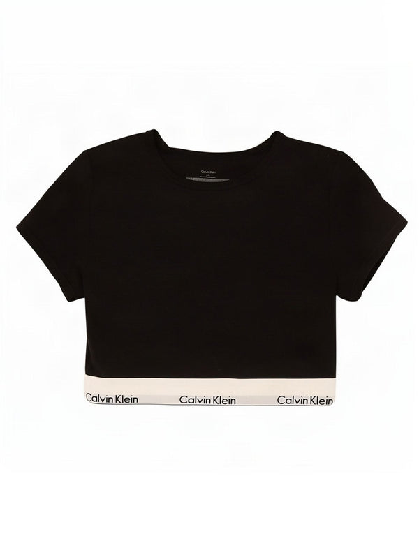 Damska koszulka Calvin Klein Crop Graphic Top UK 14, duża, czarna, z blokami kolorów