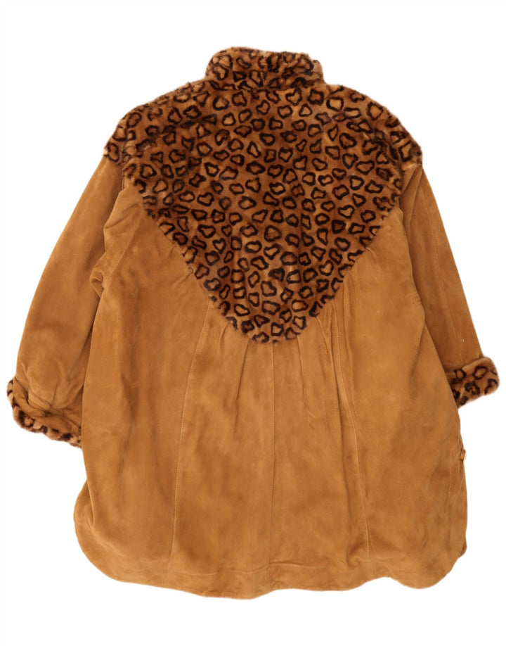 Vintage damski oversize'owy zamszowy płaszcz IT 44 średni brązowy nadruk zwierzęcy