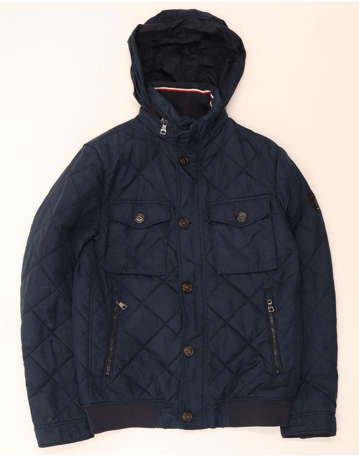 Męska pikowana kurtka z kapturem Tommy Hilfiger UK 36, mała, granatowa, poliester