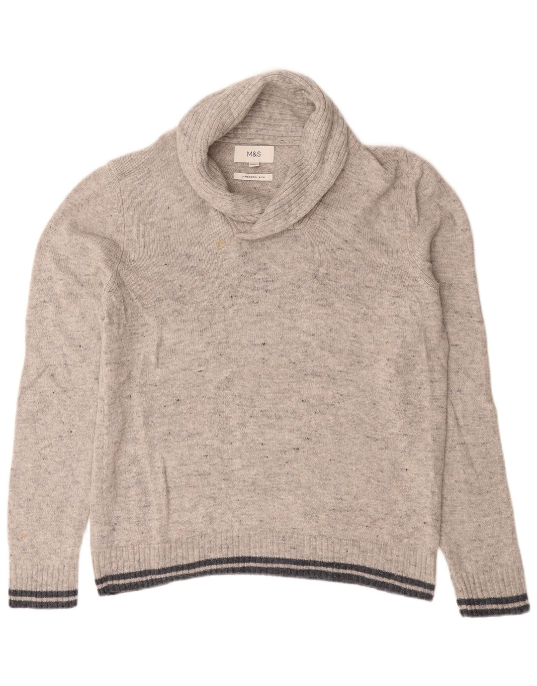 Marks & Spencer Męski sweter z szalowym dekoltem, duży, szary, nakrapiany owcza wełna